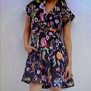 Maeve Pink and Blue Polo Collar Cuffed Sleeve Mini Sundress size 4 petite .
